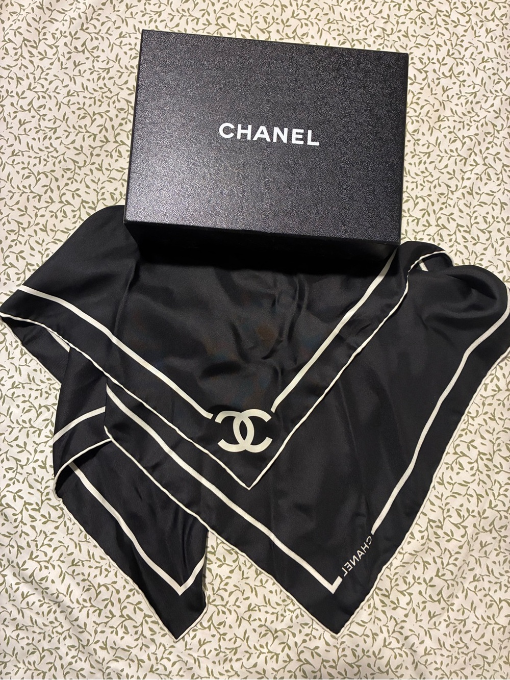 AUTHENTIC CHANEL 100% SILK Black Logo Scarf with Ivory Trim